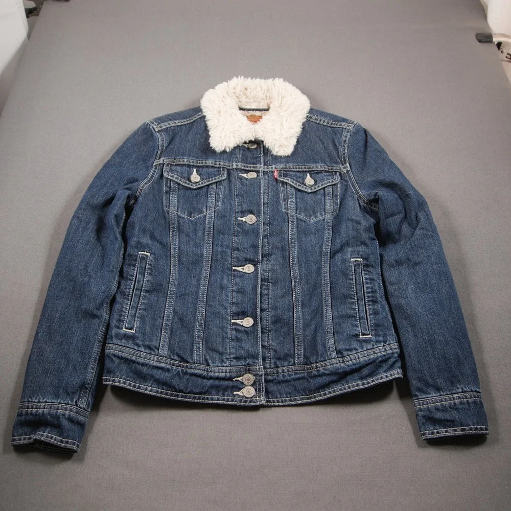 Levi's Sherpa Collar Lined Trucker Dark Denim Women Jacket S Western Y2K Retro